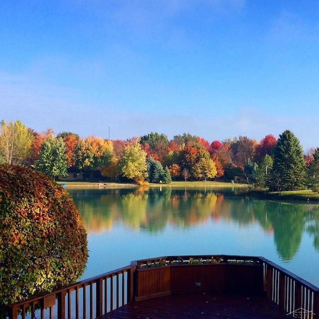 view of dock with a water view and a wooded view