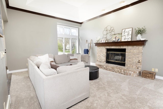 carpeted living room featuring crown molding, baseboards, and a fireplace