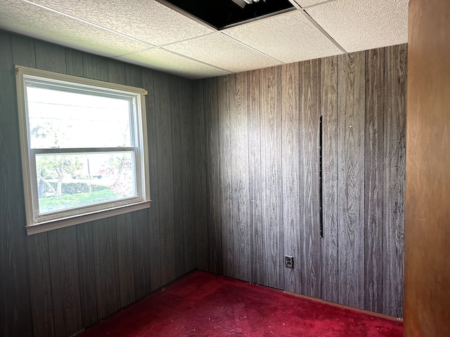 spare room featuring carpet flooring and wooden walls