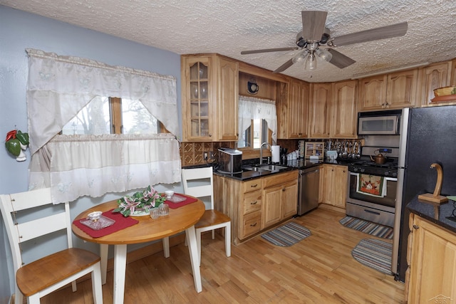 kitchen featuring ceiling fan, appliances with stainless steel finishes, a sink, light wood finished floors, and glass insert cabinets
