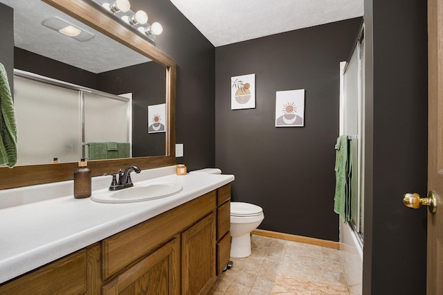 1077 Sun Valley Ln, Allegan, MI 49010 - bathroom with an enclosed shower, toilet, baseboards, and vanity
