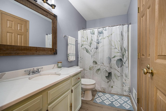 1077 Sun Valley Ln, Allegan, MI 49010 - full bathroom with vanity, a shower with shower curtain, wood finished floors, and toilet