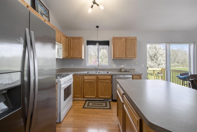 1077 Sun Valley Ln, Allegan, MI 49010 - kitchen featuring stainless steel appliances, pendant lighting, a sink, and light wood-style flooring