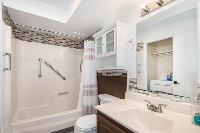 bathroom with vanity, shower / tub combo, toilet, and tasteful backsplash