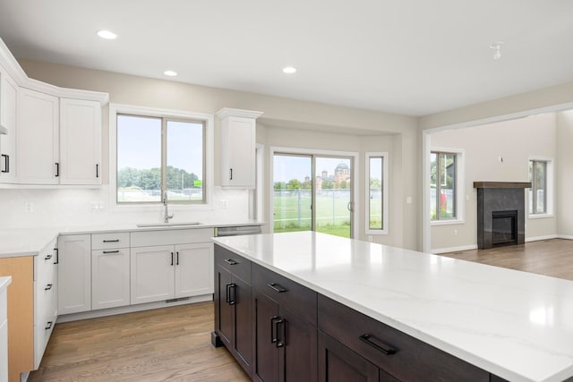 kitchen with light wood-style floors, a sink, white cabinetry, and decorative backsplash