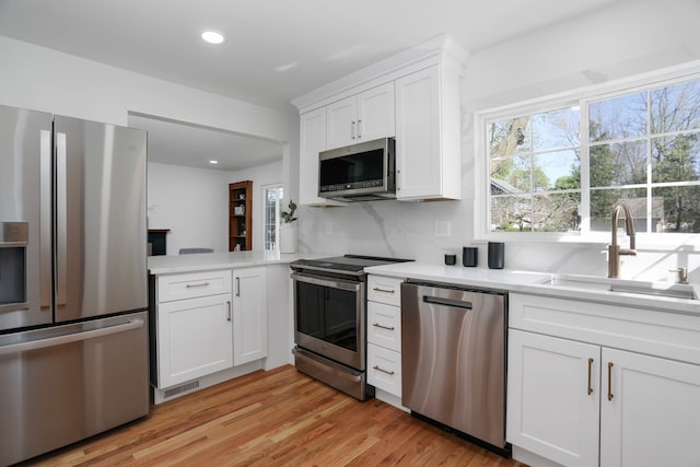 kitchen featuring light countertops, appliances with stainless steel finishes, a healthy amount of sunlight, and a sink