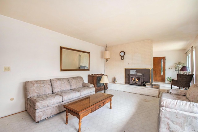 living area with a wood stove