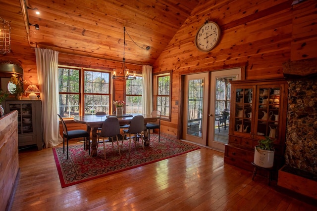dining room with wooden walls, a chandelier, wooden ceiling, and hardwood / wood-style floors