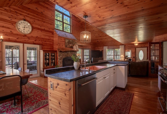 kitchen featuring dark countertops, a sink, open floor plan, a healthy amount of sunlight, and stainless steel dishwasher