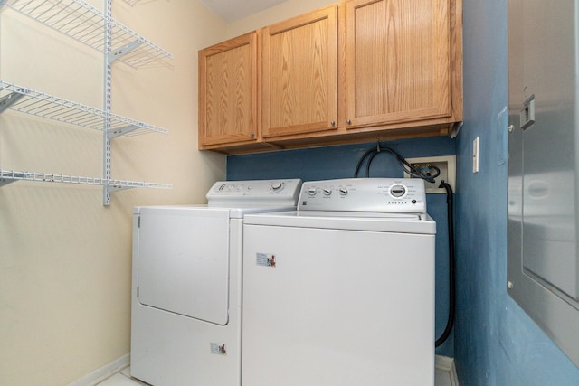 laundry room with baseboards, cabinet space, and washer and clothes dryer