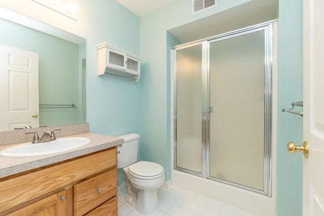 full bath featuring visible vents, tile patterned flooring, a shower stall, vanity, and toilet