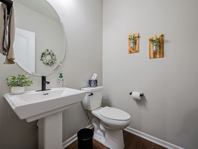 bathroom with baseboards, toilet, and wood finished floors