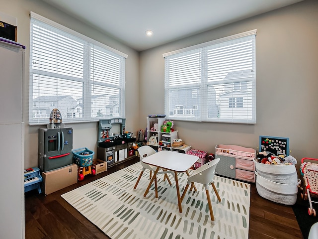 rec room with wood finished floors, plenty of natural light, and recessed lighting