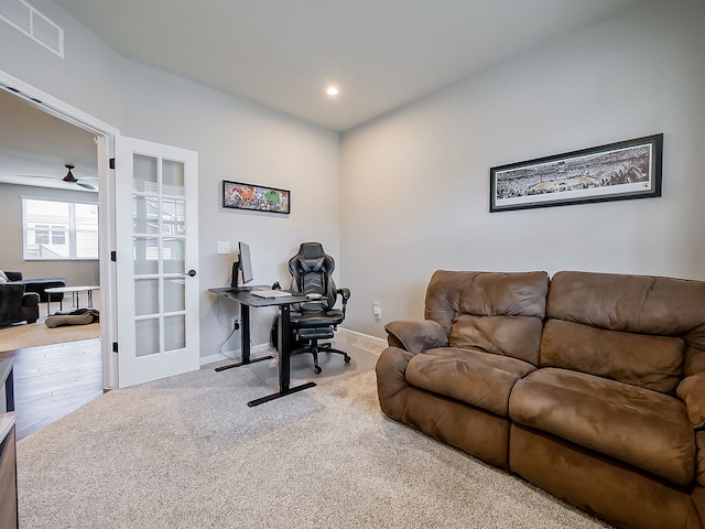 home office with carpet floors, baseboards, french doors, recessed lighting, and ceiling fan
