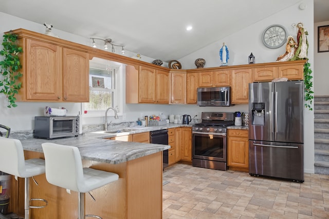 15756 Lewis Rd, Mussey, MI 48014 - kitchen with stainless steel appliances, a sink, a peninsula, a breakfast bar, and light stone finish floors