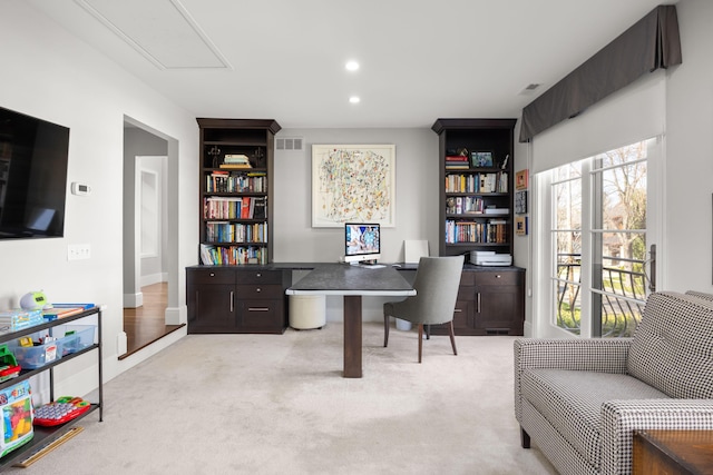 carpeted home office featuring visible vents, attic access, plenty of natural light, and recessed lighting