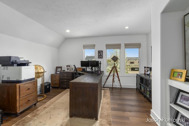 office area with recessed lighting, baseboards, dark wood finished floors, and lofted ceiling