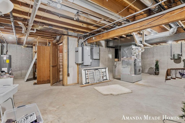 unfinished basement featuring heating unit, electric panel, and electric water heater