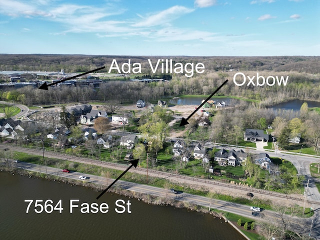 aerial view featuring a water view