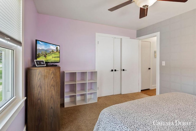 bedroom with carpet floors, ceiling fan, and a closet