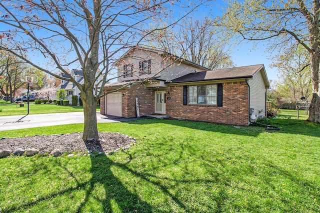 traditional-style house featuring concrete driveway, a front yard, and brick siding