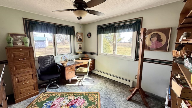 7736 S Custer Rd, Monroe, MI 48161 - carpeted home office with a baseboard radiator, a textured ceiling, and ceiling fan