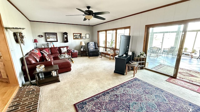 7736 S Custer Rd, Monroe, MI 48161 - carpeted living area with crown molding, a ceiling fan, and plenty of natural light