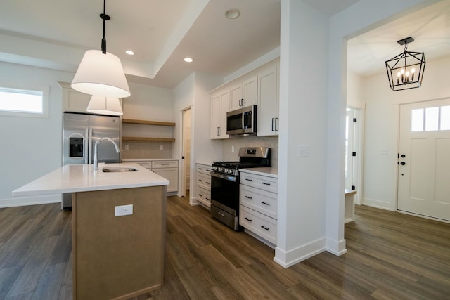 kitchen featuring a sink, open shelves, stainless steel appliances, and dark wood-style floors
