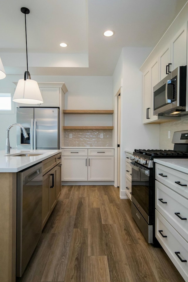 kitchen with dark wood-style floors, light countertops, tasteful backsplash, a sink, and stainless steel appliances