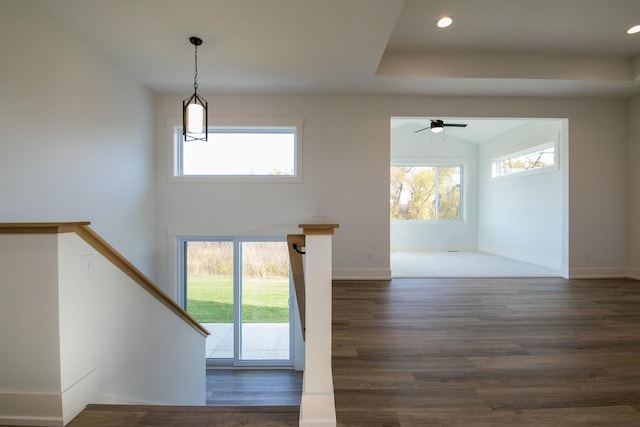 foyer entrance featuring recessed lighting, ceiling fan, a healthy amount of sunlight, and dark wood-type flooring