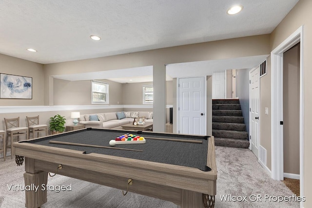 recreation room with pool table, carpet flooring, recessed lighting, and visible vents