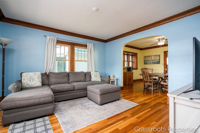 living area with arched walkways, ceiling fan, ornamental molding, and light wood-style floors