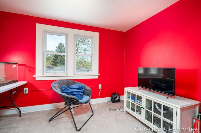 living area featuring carpet floors and baseboards