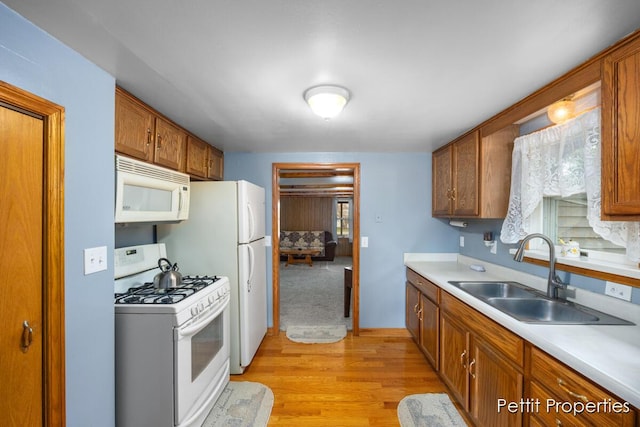 kitchen with brown cabinets, light wood-type flooring, a sink, light countertops, and white appliances