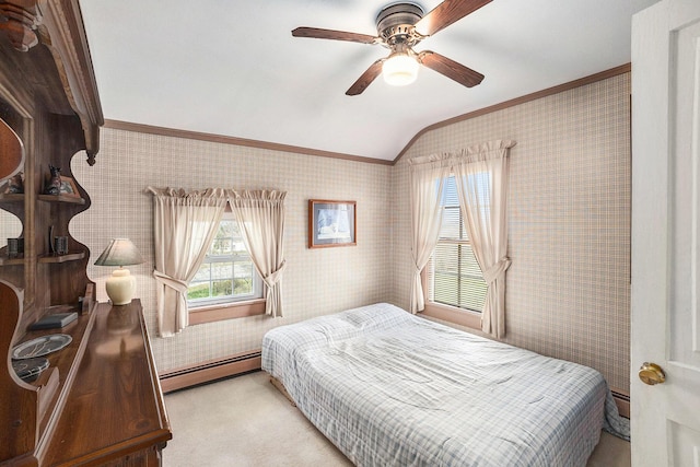 3500 N Oceana Dr, Hart, MI 49420 - bedroom with crown molding, vaulted ceiling, a baseboard radiator, carpet, and wallpapered walls