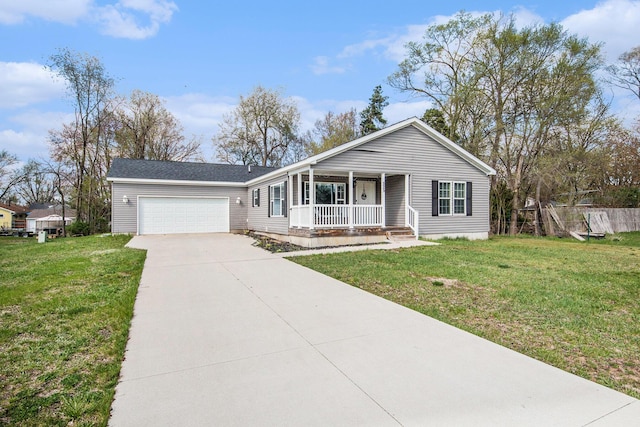 ranch-style house featuring a garage, concrete driveway, a porch, and a front yard