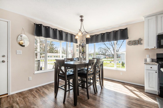 dining space featuring baseboards, ornamental molding, a healthy amount of sunlight, and wood finished floors