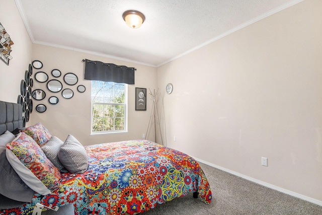carpeted bedroom with a textured ceiling, baseboards, and ornamental molding