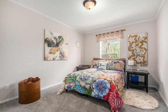 bedroom featuring crown molding, baseboards, and carpet