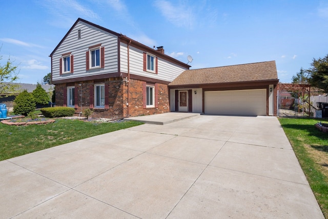 35490 Hatherly Dr, Sterling Heights, MI 48310 - traditional home with a chimney, an attached garage, a front lawn, and brick siding