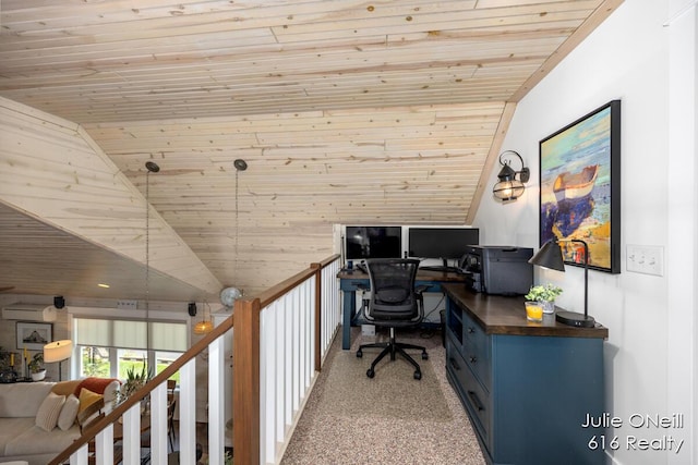 office space featuring an AC wall unit, wooden ceiling, lofted ceiling, and light carpet
