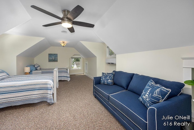 bedroom with carpet flooring, ceiling fan, and vaulted ceiling