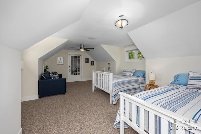 carpeted bedroom featuring baseboards, a ceiling fan, and vaulted ceiling