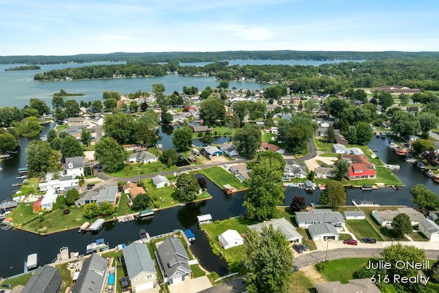 aerial view featuring a water view and a residential view