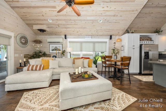 living area with wood walls, dark wood-style floors, a wall unit AC, wooden ceiling, and a ceiling fan