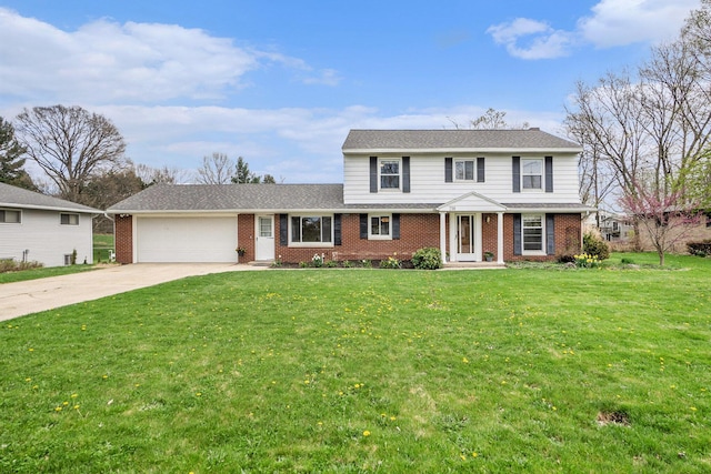 traditional-style home featuring a garage, driveway, a front lawn, and brick siding