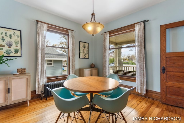 dining area with light wood finished floors, a wealth of natural light, and radiator