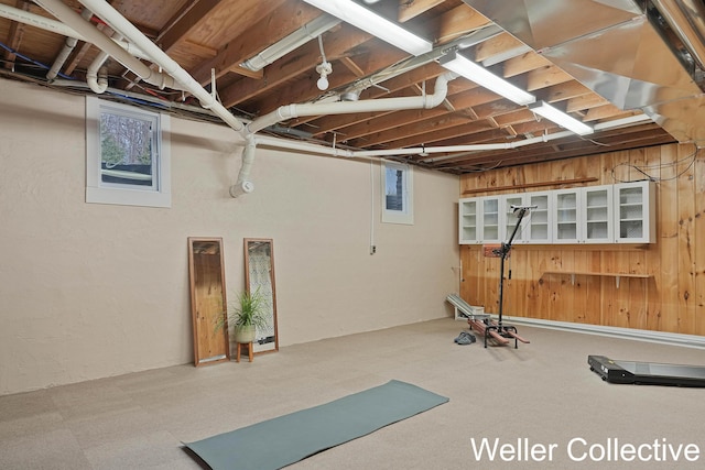 exercise room featuring wooden walls