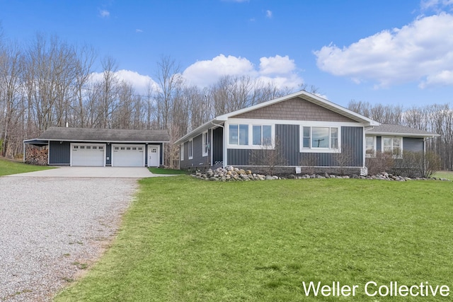 ranch-style house with board and batten siding, gravel driveway, and a front yard