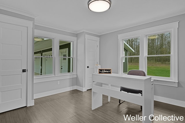 dining space featuring baseboards, ornamental molding, and dark wood-type flooring